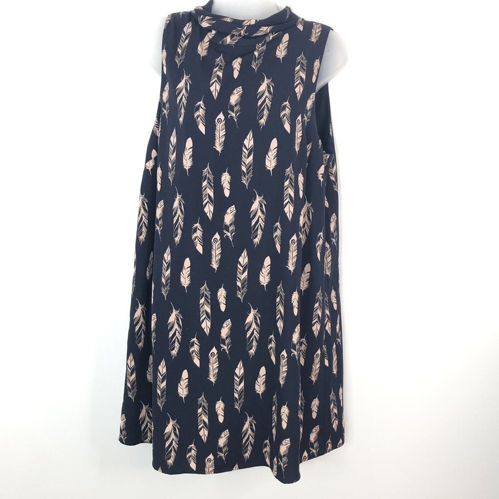 LUMIERE Women's Shift Dress Size M Blue Lined Sleeveless Zip Back Feathers Boho